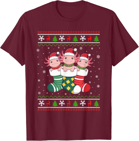 Ugly Xmas Sweater Axolotl In Christmas Socks T-Shirt - T-Shirt | Maroon