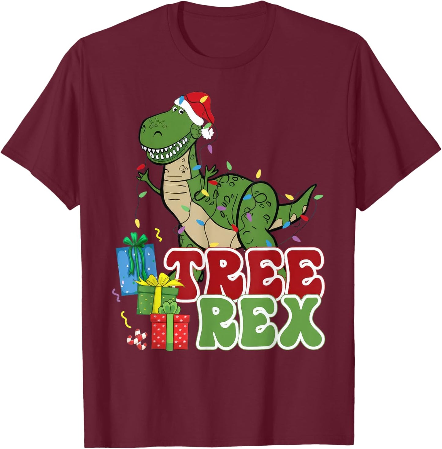 Dinosaur Tree Rex Christmas Men Boys Kids Toddler Xmas Light T-Shirt - T-Shirt | Maroon