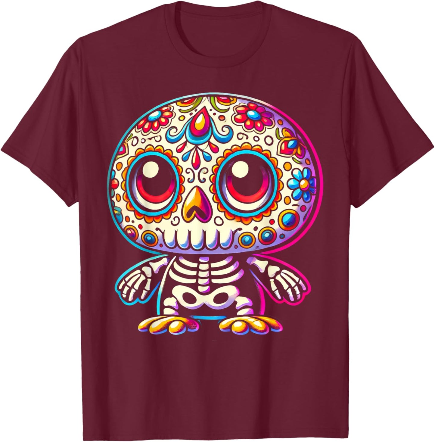 Adorable Día de Muertos Sugar Skull Penguin Day of the Dead T-Shirt - T-Shirt | Maroon