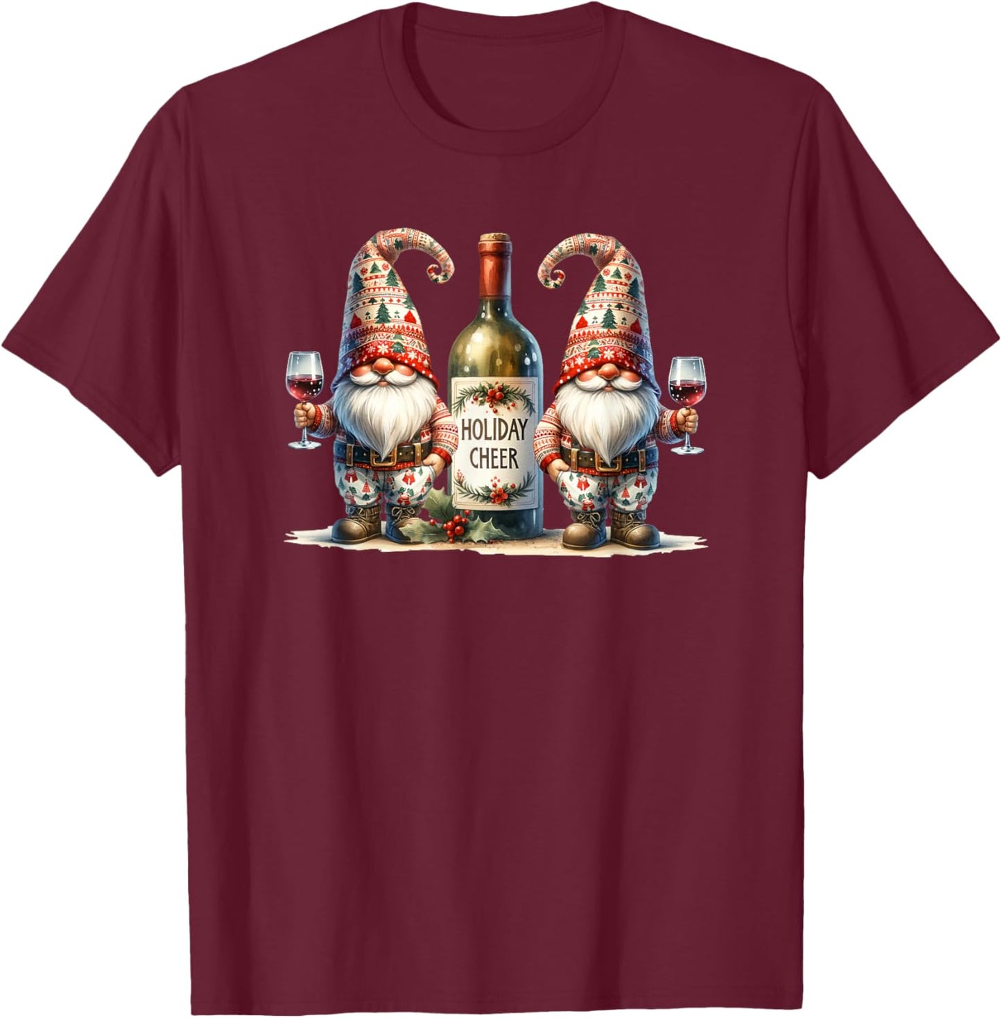 Christmas Wine Santa Gnomes For Xmas Holiday Cheer T-Shirt - T-Shirt | Maroon