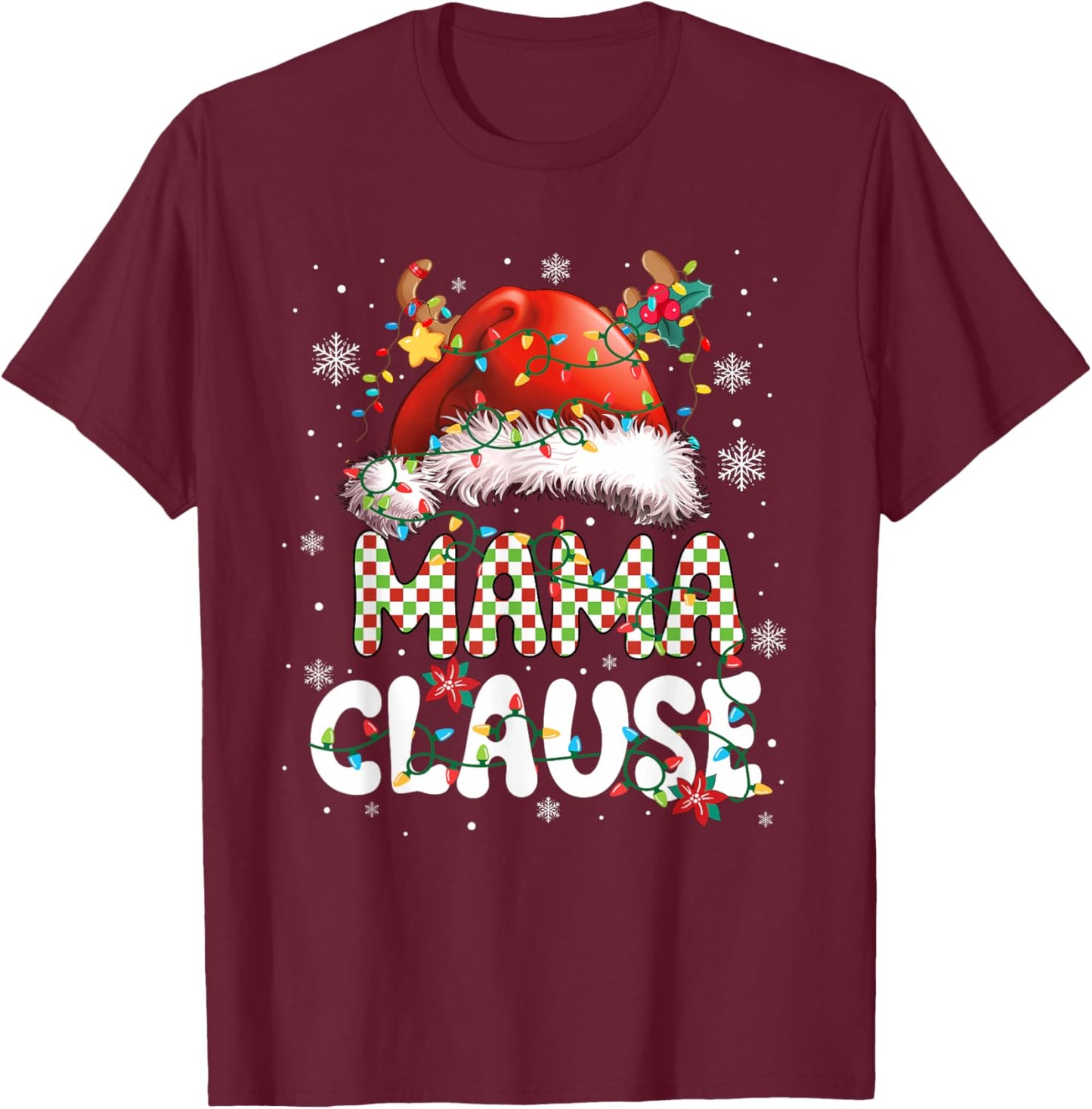 Mama Claus Christmas Santa Hat Reindeer Family Matching T-Shirt - T-Shirt | Maroon