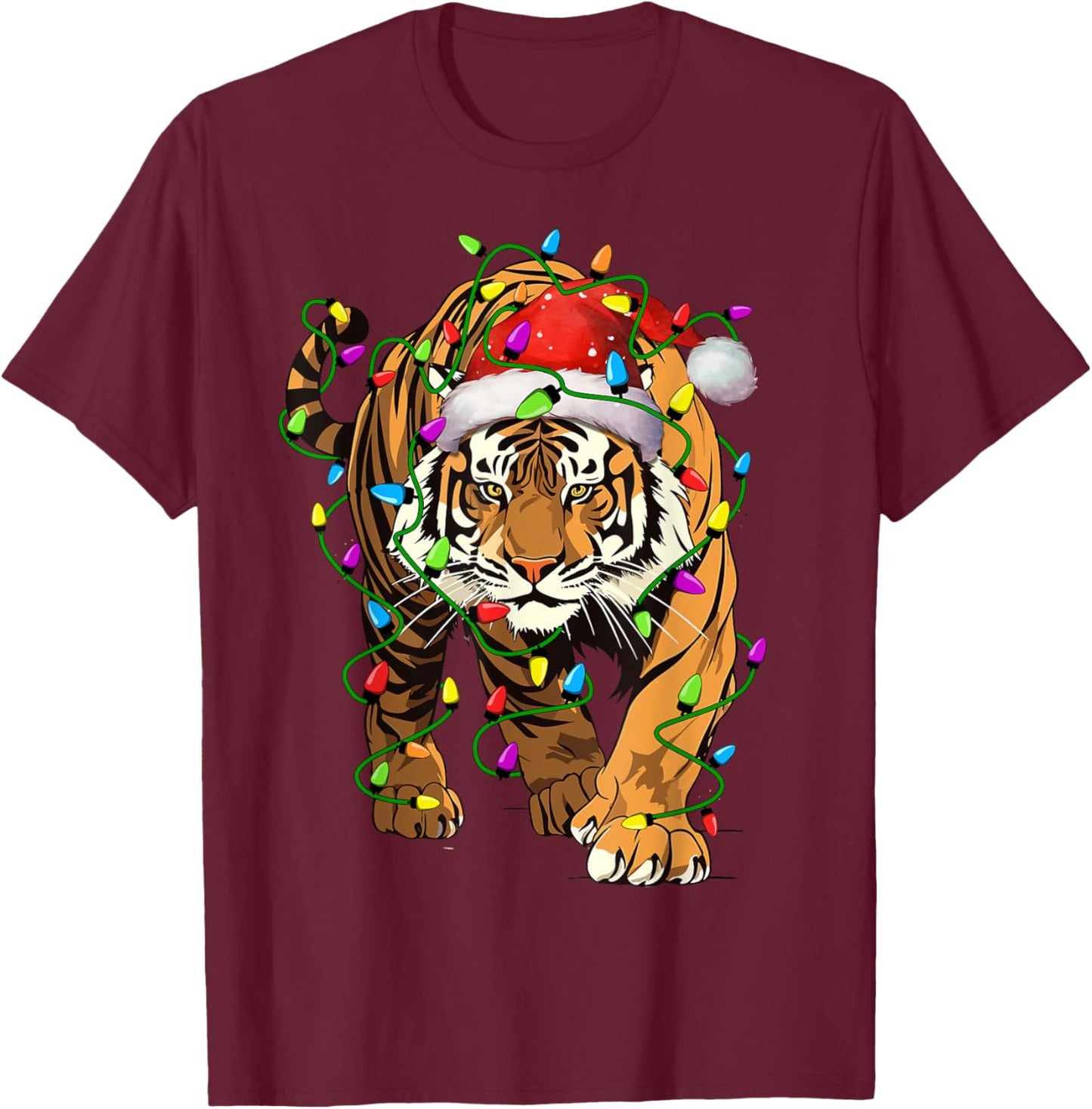 Tiger Santa Christmas Tree Lighting Xmas Funny T-Shirt - T-Shirt | Maroon