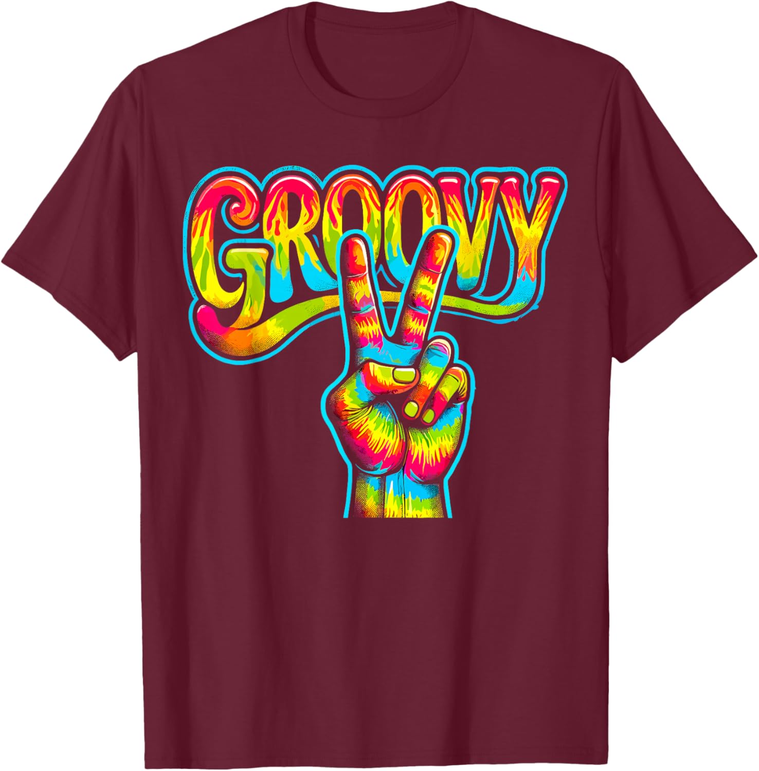 Hippie Tie Dye Peace Sign Love Groovy T-Shirt - T-Shirt | Maroon