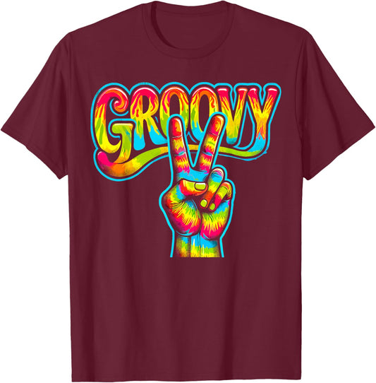 Hippie Tie Dye Peace Sign Love Groovy T-Shirt - T-Shirt | Maroon