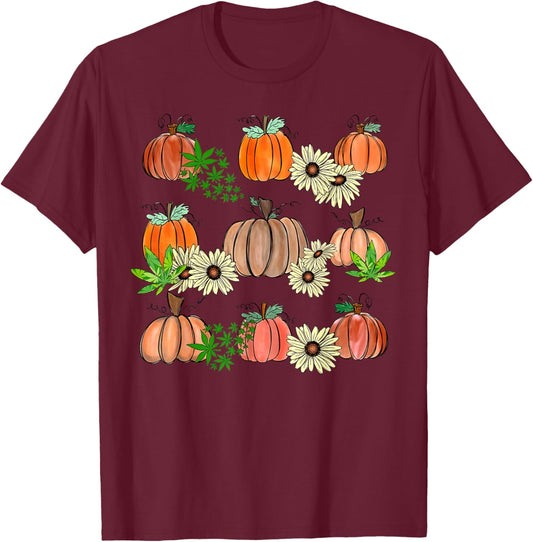 Fall Weed Leaf Pumpkin Flower Marijuana Autumn Thanksgiving T-Shirt - T-Shirt | Maroon