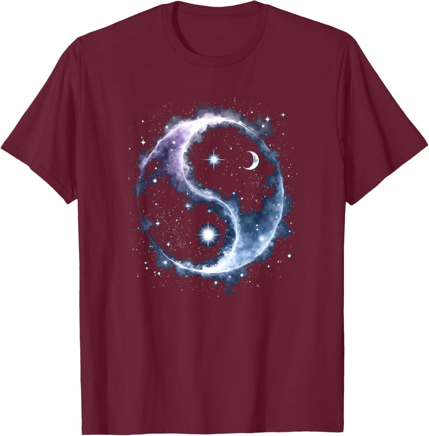 Celestial Yin-Yang Star and Moon Cosmic Graphic T-Shirt - T-Shirt | Maroon