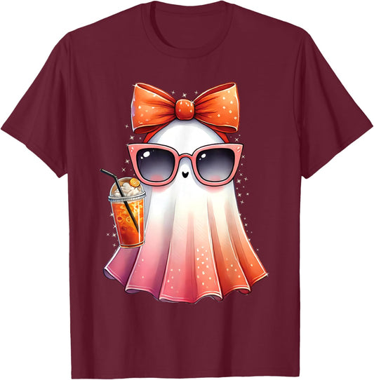 Cute Ghost Drinking Coffee With Halloween Bow Women Girls T-Shirt - T-Shirt | Maroon