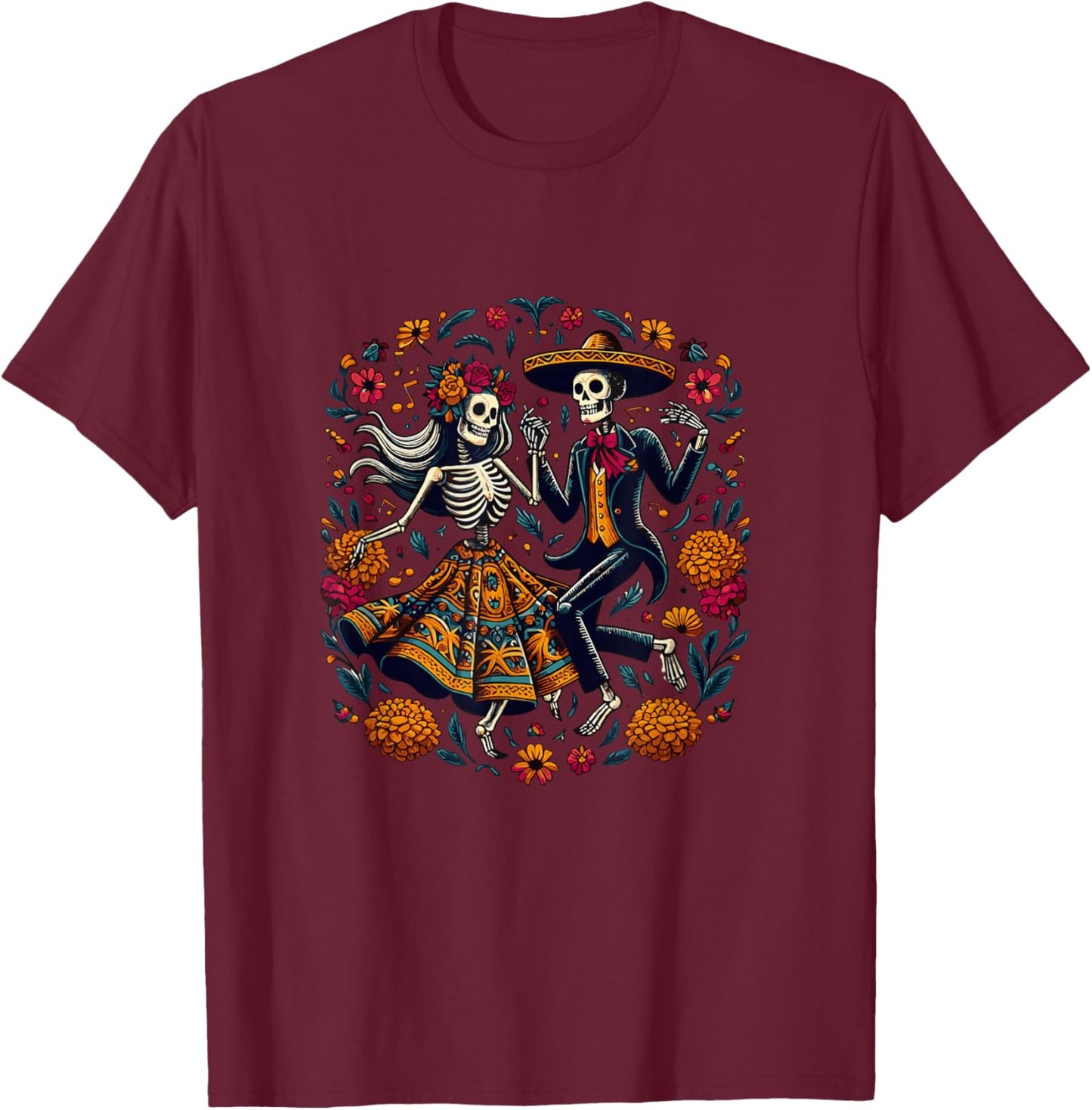 Dia De Los Muertos Skeletons Dancing Mexican Day Of The Dead T-Shirt - T-Shirt | Maroon