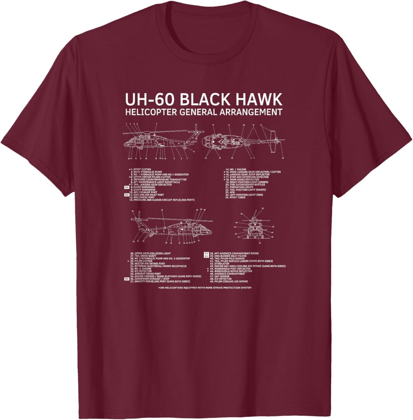UH-60 Black Hawk Military Helicopter Diagram Infographic T-Shirt - T-Shirt | Maroon