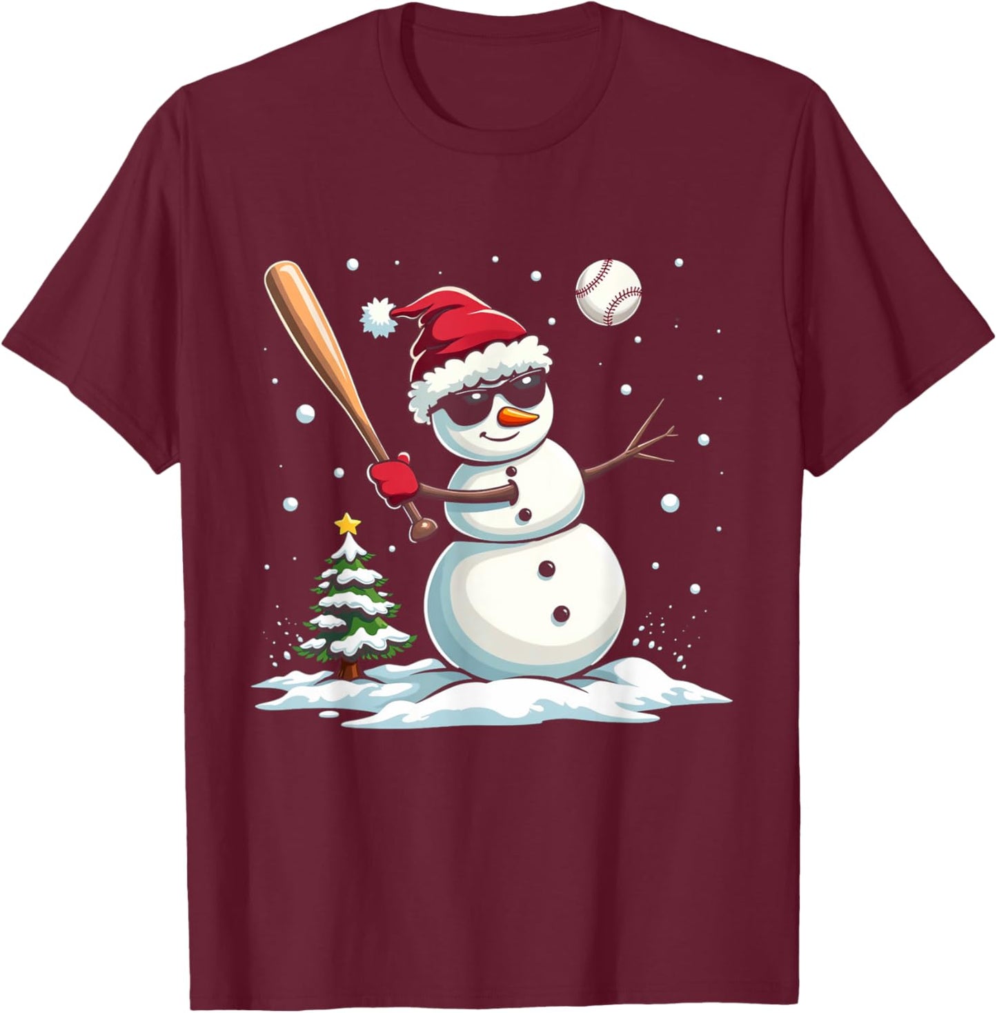 Baseball Christmas Funny Snowman Playing Baseball Xmas T-Shirt - T-Shirt | Maroon