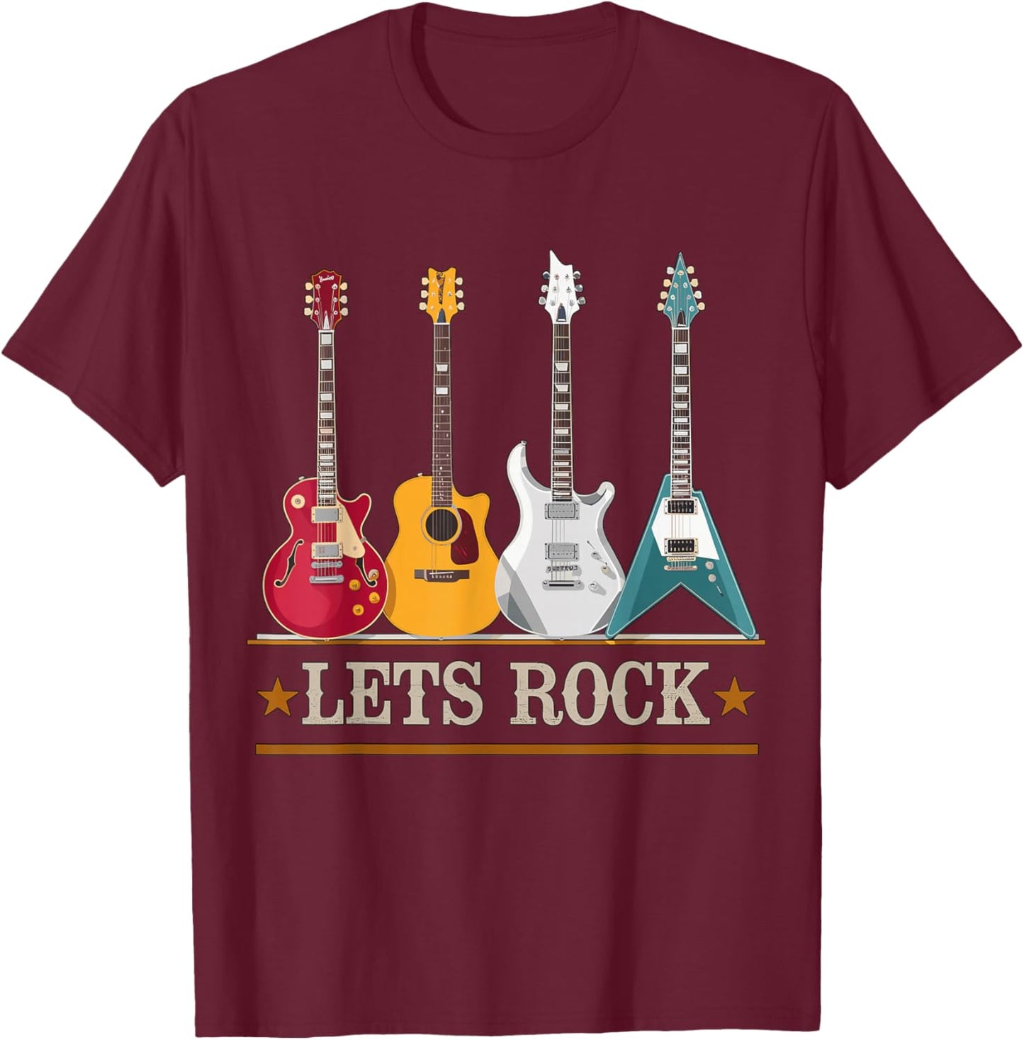 Let's Rock and Roll Guitar Music Band T-Shirt - T-Shirt | Maroon