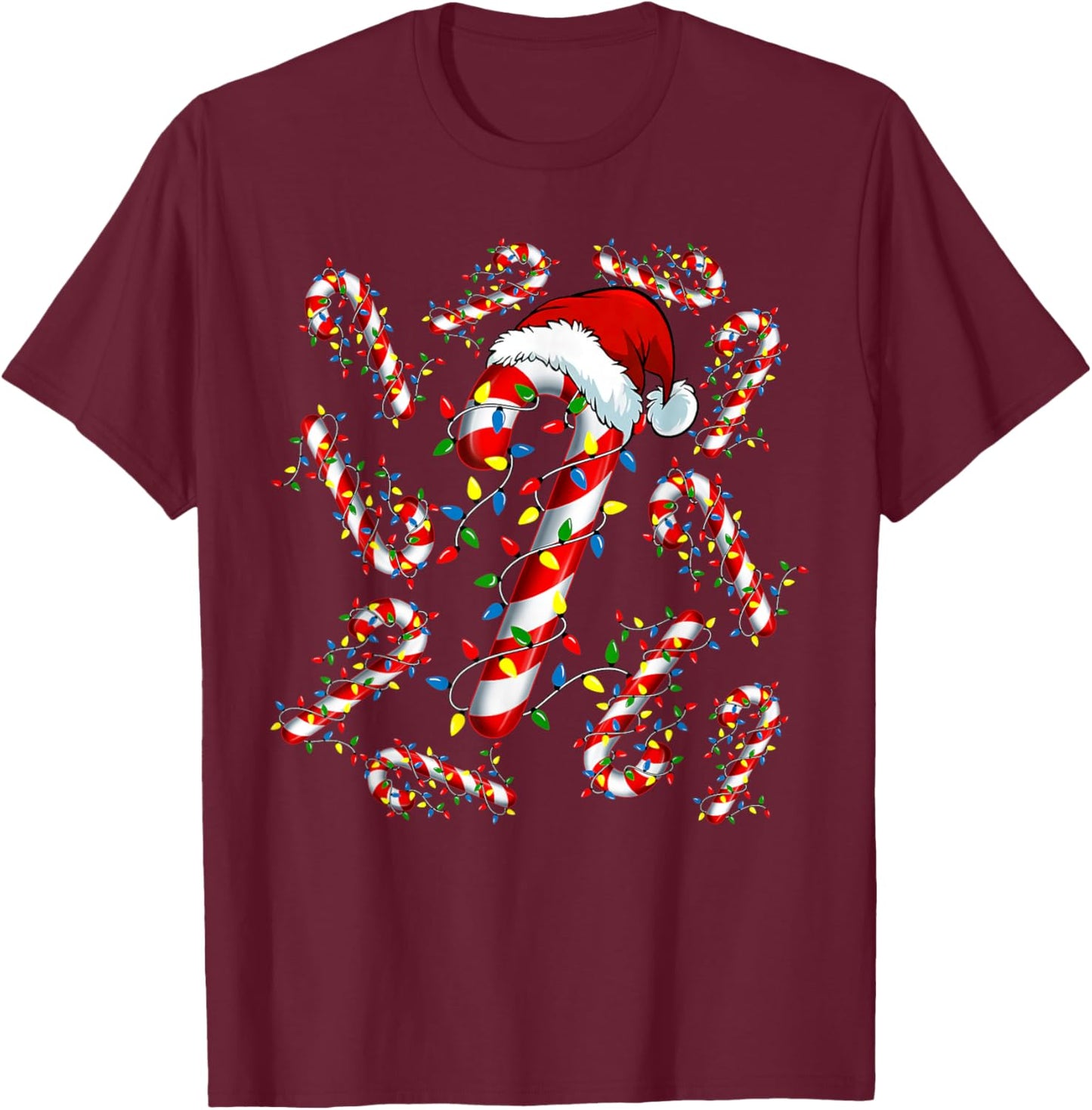 Red and White Candy Cane Santa Funny Christmas Xmas Lights T-Shirt - T-Shirt | Maroon