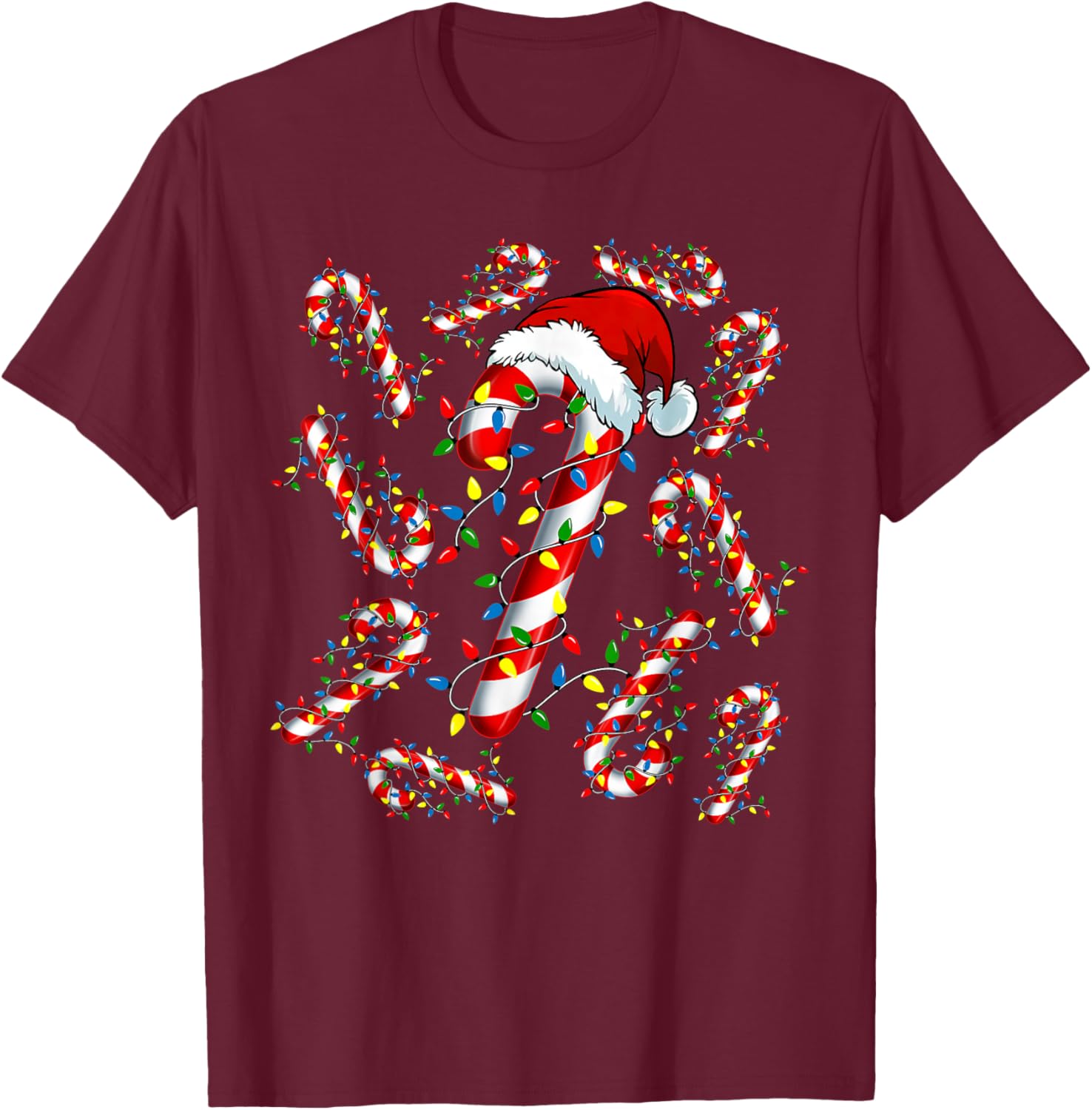 Red and White Candy Cane Santa Funny Christmas Xmas Lights T-Shirt - T-Shirt | Maroon