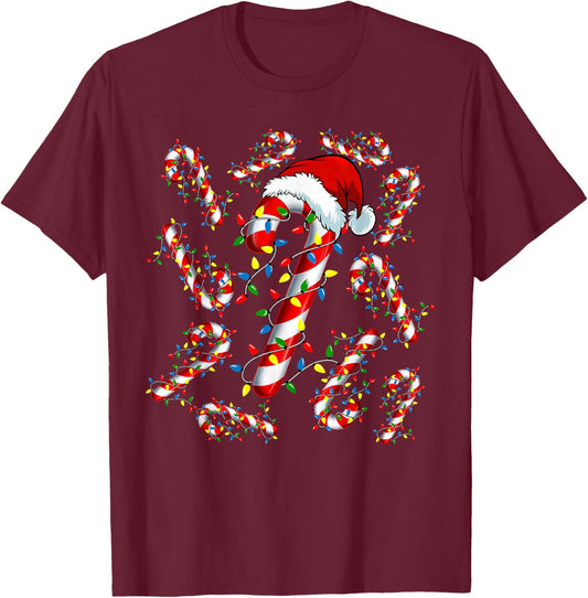 Red and White Candy Cane Santa Funny Christmas Xmas Lights T-Shirt - T-Shirt | Maroon