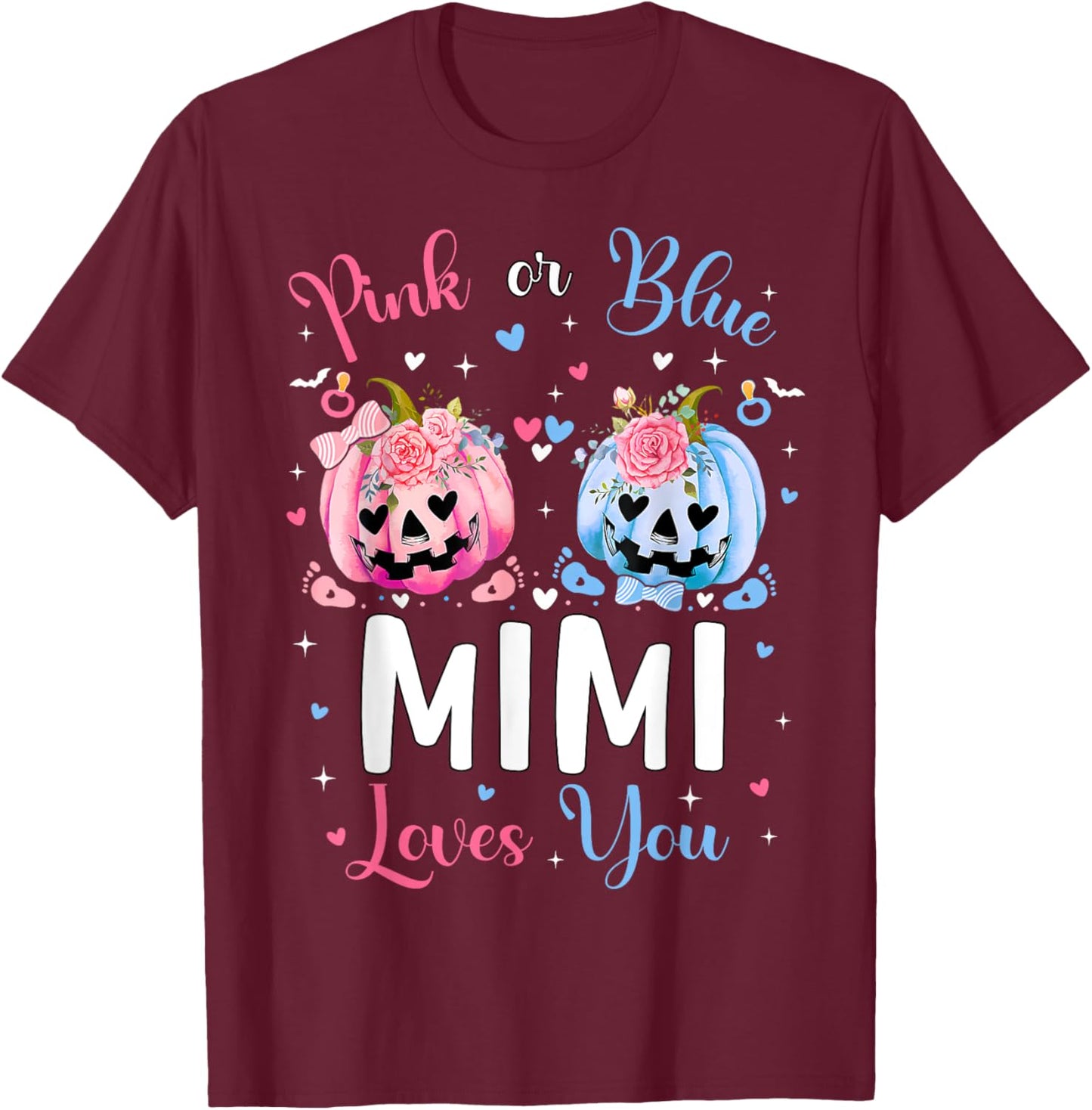 Pink or Blue Mimi Loves You Pumpkin Gender Reveal Party T-Shirt - T-Shirt | Maroon