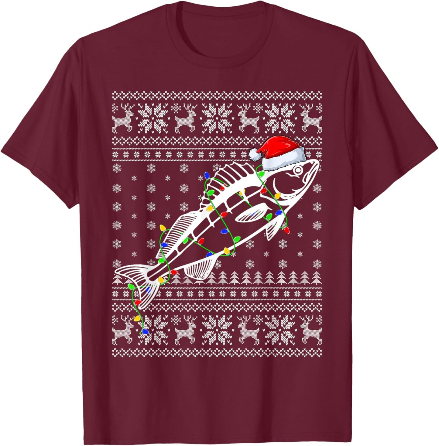 Ugly Sweater Xmas Lights Santa Hat Walleye Fish Christmas T-Shirt - T-Shirt | Maroon