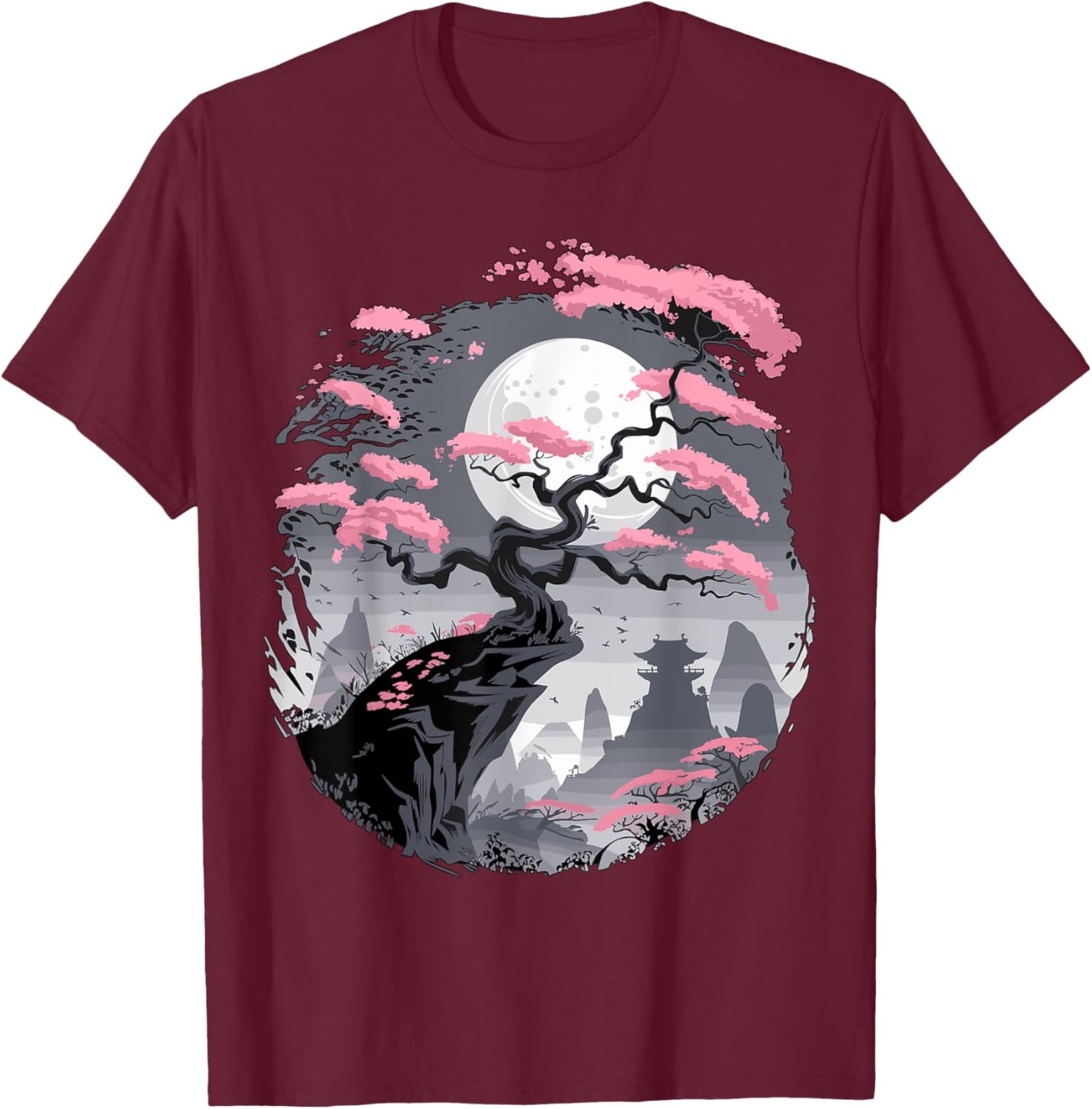 Japanese Sakura Garden Mount Fuji Cherry Blossom T-Shirt - T-Shirt | Maroon