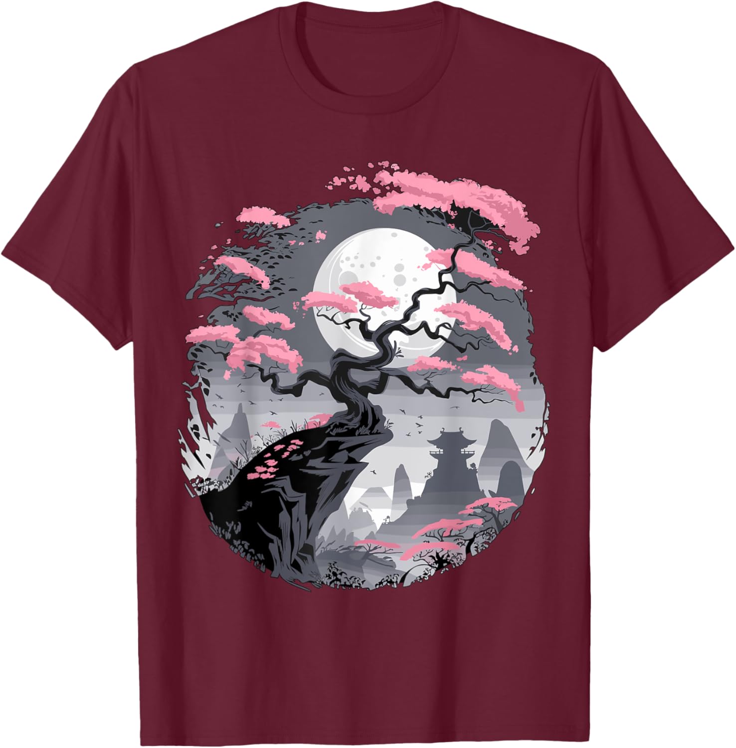 Japanese Sakura Garden Mount Fuji Cherry Blossom T-Shirt - T-Shirt | Maroon