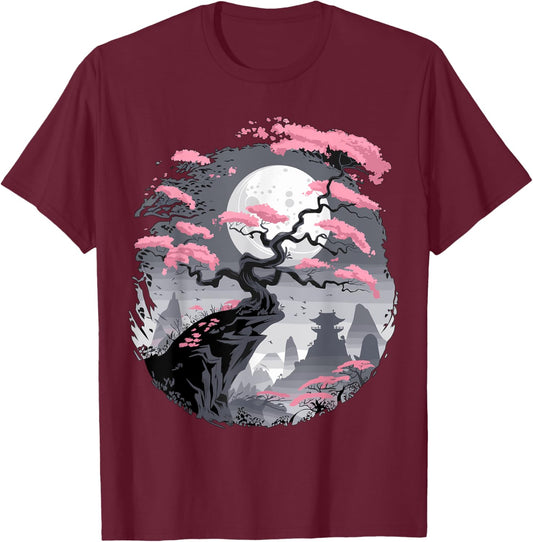 Japanese Sakura Garden Mount Fuji Cherry Blossom T-Shirt - T-Shirt | Maroon