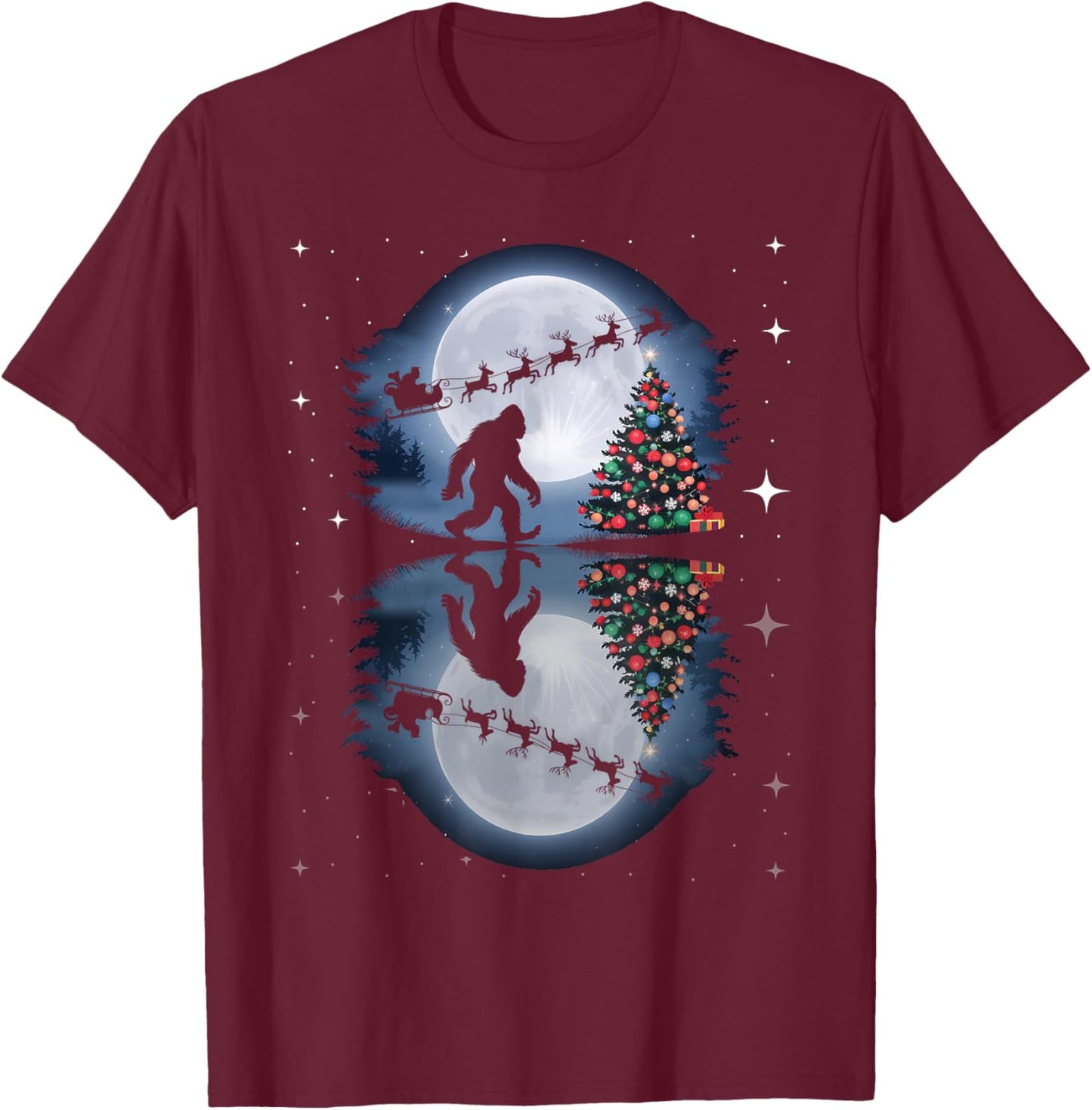 Funny Bigfoot Christmas Santa Sleigh Reindeer T-Shirt - T-Shirt | Maroon