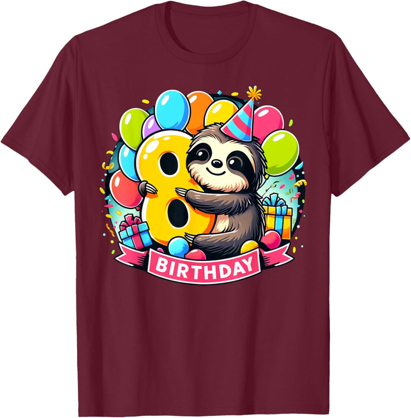 Kids Sloth Theme eighth Bday Party 8th Sloth Birthday T-Shirt - T-Shirt | Maroon