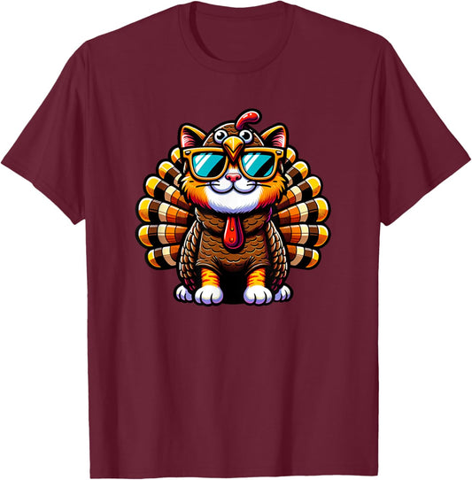 Thanksgiving Cat Funny Thanksgiving Cat withTurkey Costume T-Shirt - T-Shirt | Maroon