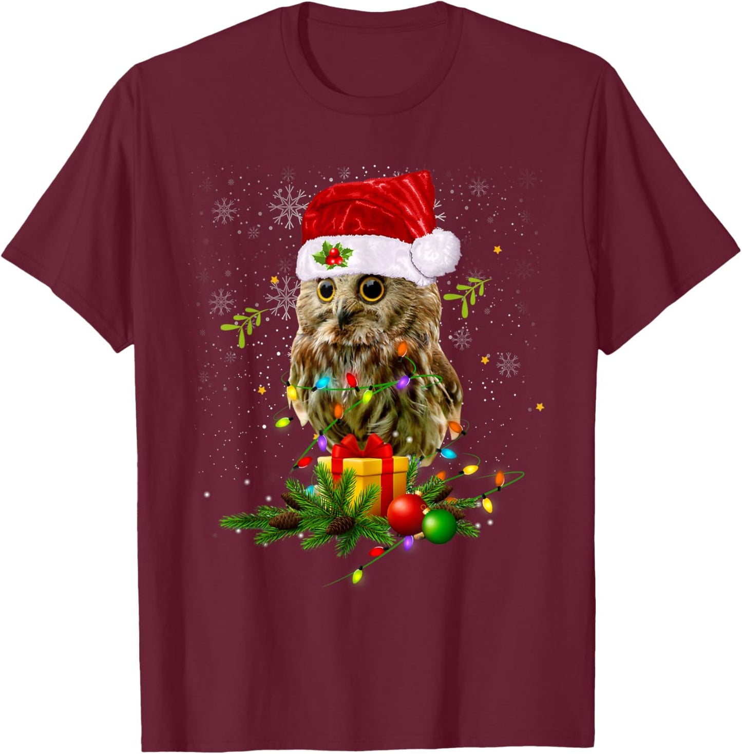 Cute Owl Christmas Light Santa Hat Snow Xmas Holiday Costume T-Shirt - T-Shirt | Maroon