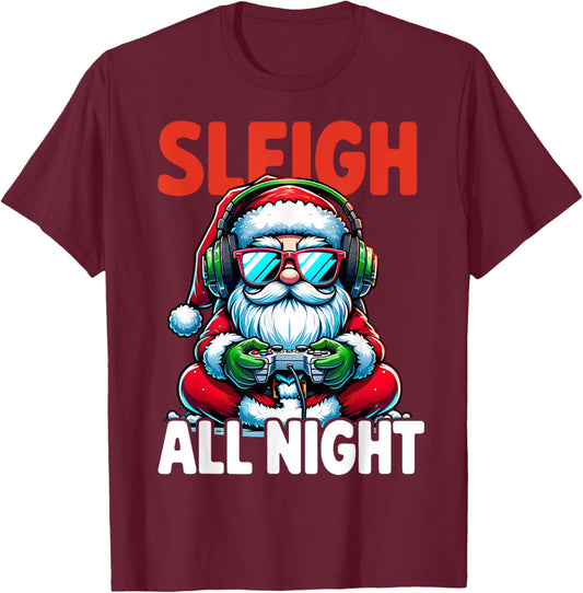 Christmas Gamer Boys Sleigh All Night Video Game Santa Xmas T-Shirt - T-Shirt | Maroon