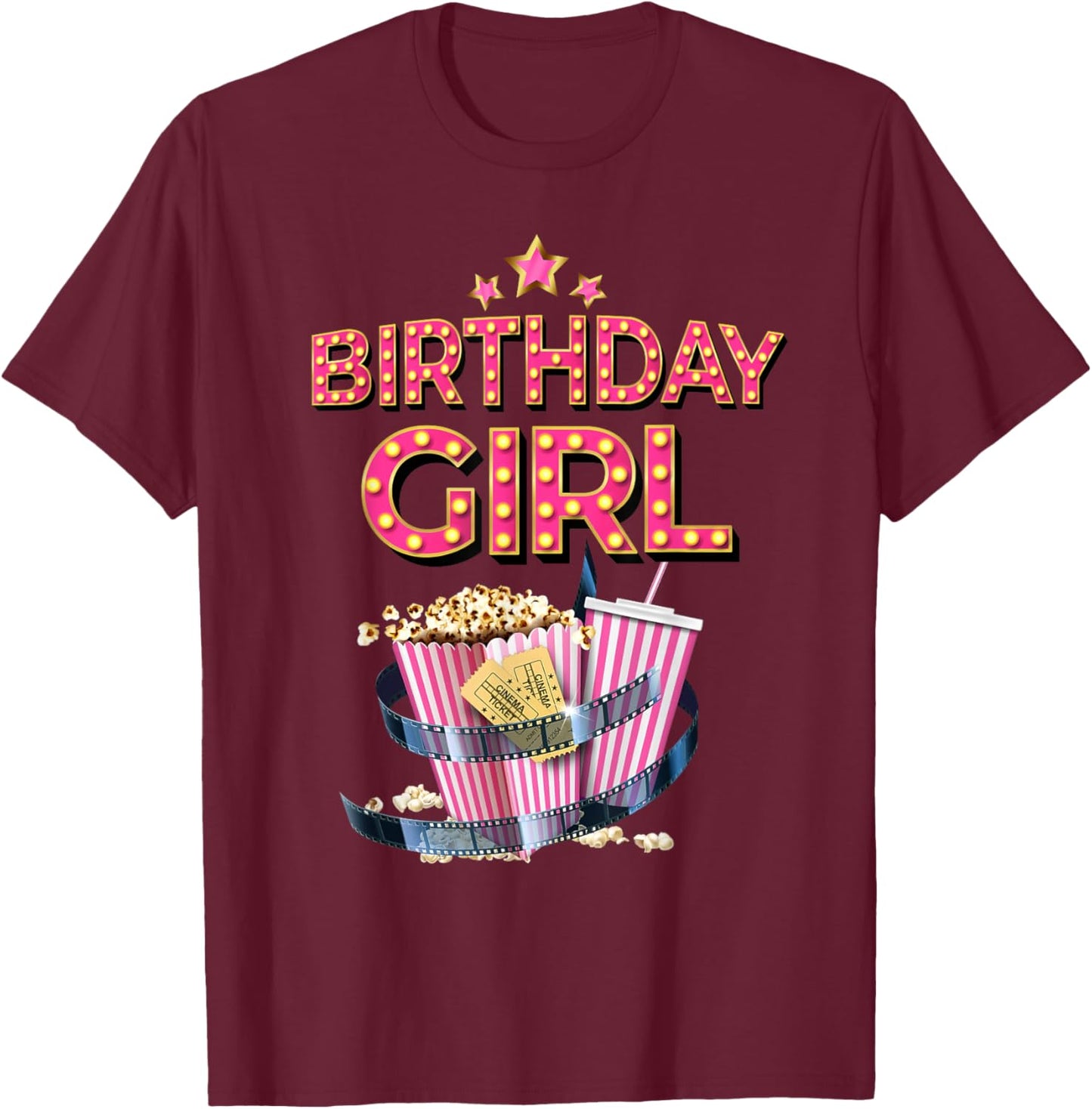 Birthday Girl Crew Movie Night Theme Matching Party T-Shirt - T-Shirt | Maroon