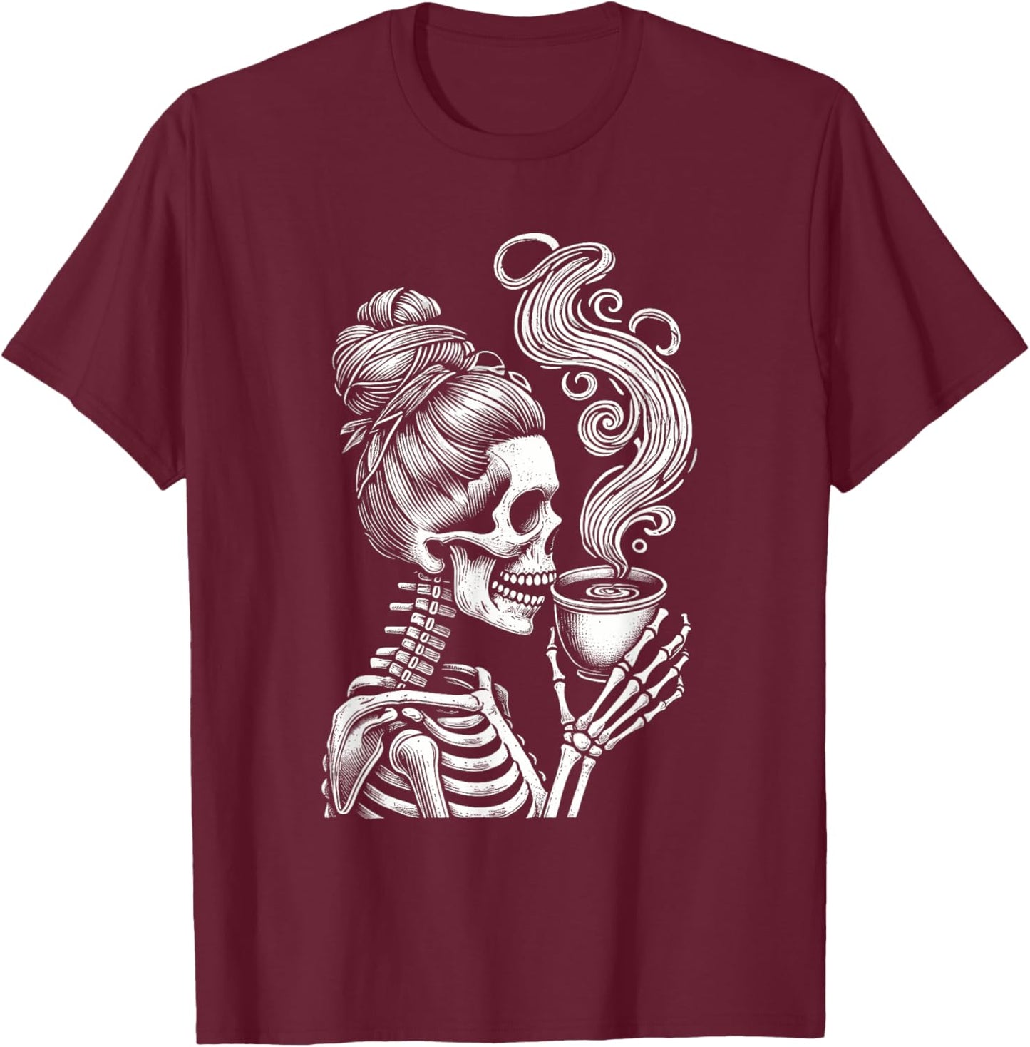Messy Bun Skeleton Drinking Coffee Funny Halloween Costume T-Shirt - T-Shirt | Maroon