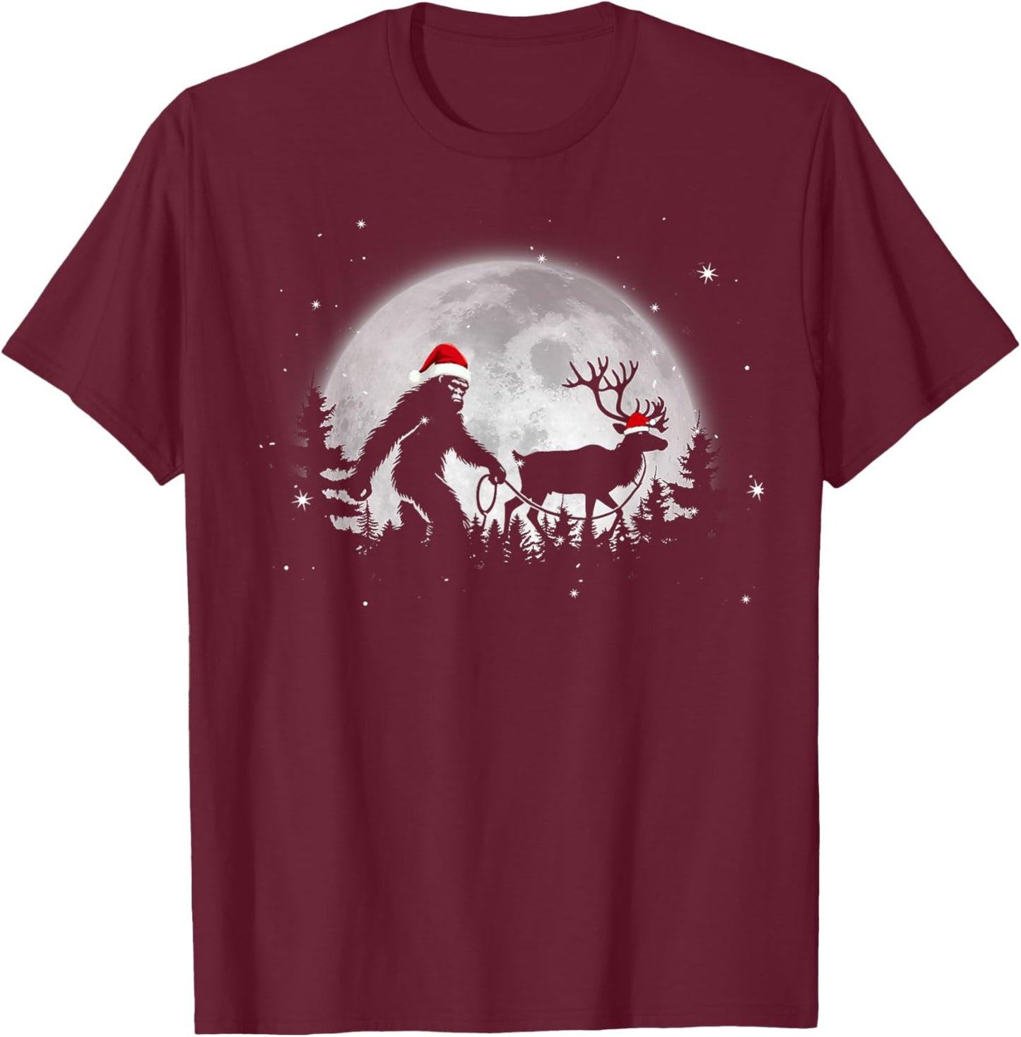 Funny Bigfoot Walking Reindeer Full Moon Christmas Sasquatch T-Shirt - T-Shirt | Maroon