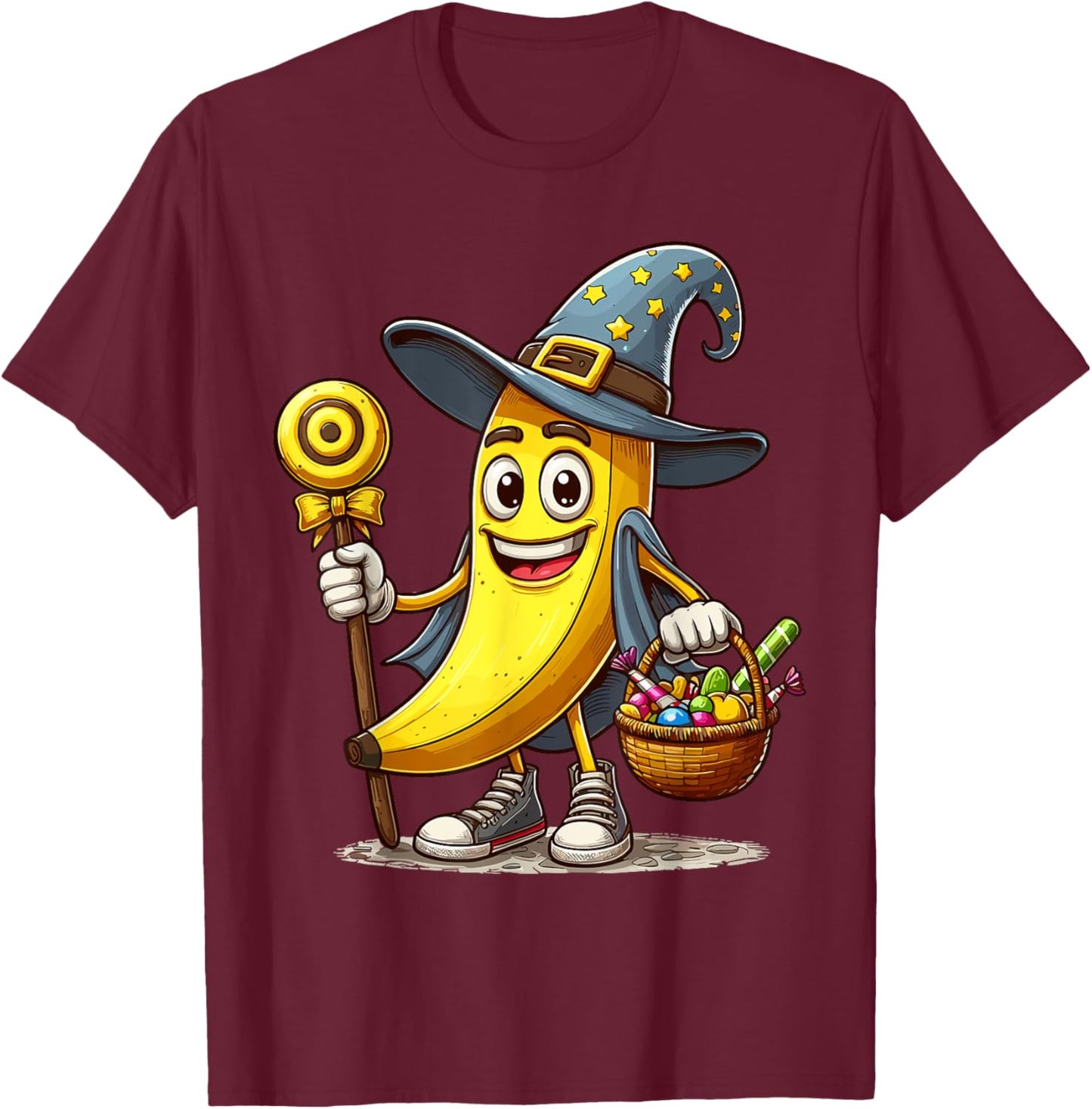 Funny Banana Witch Halloween Hat Holding Candy Halloween T-Shirt - T-Shirt | Maroon