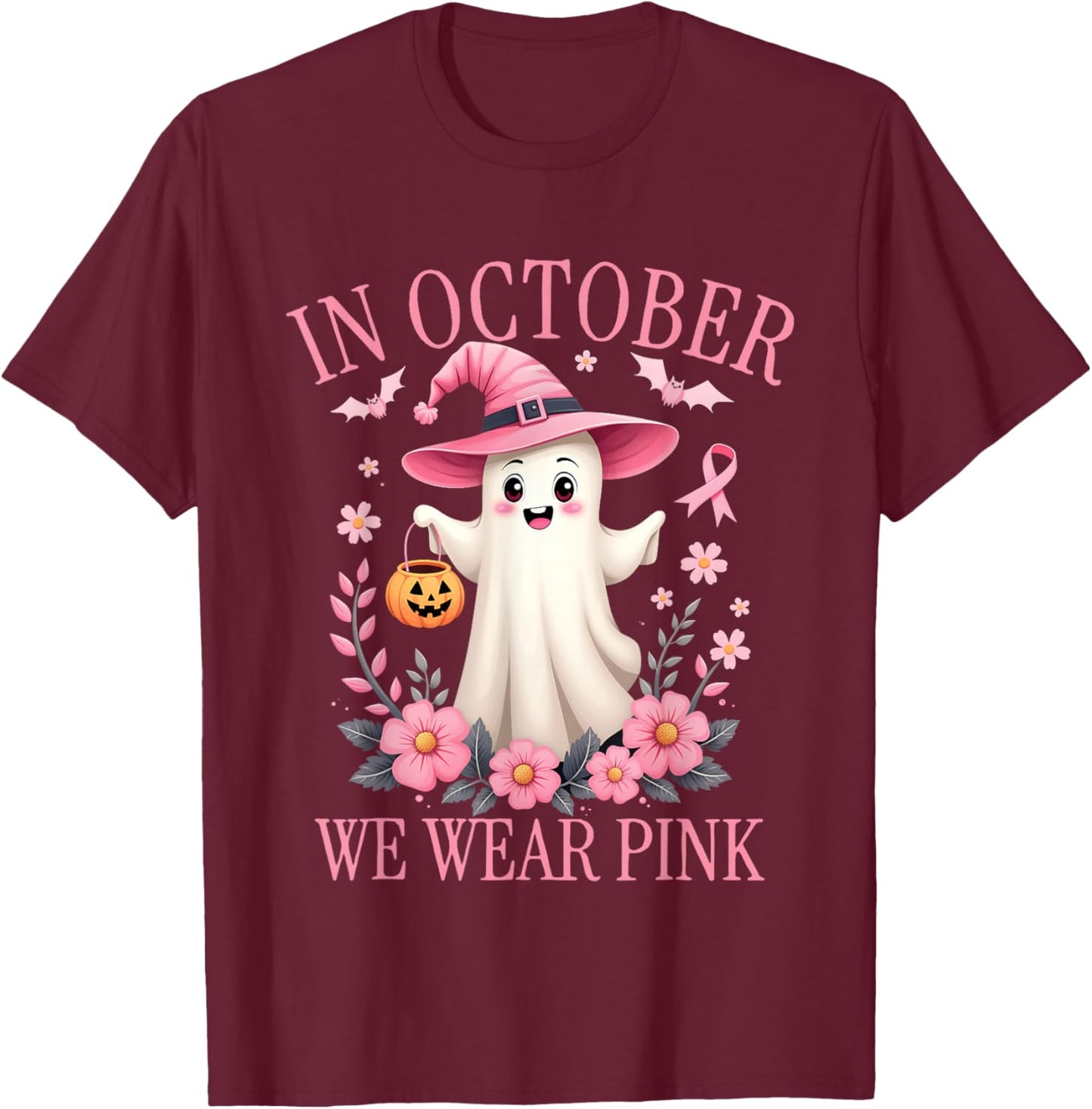 In October We Wear Pink Breast Cancer Awareness Halloween T-Shirt - T-Shirt | Maroon