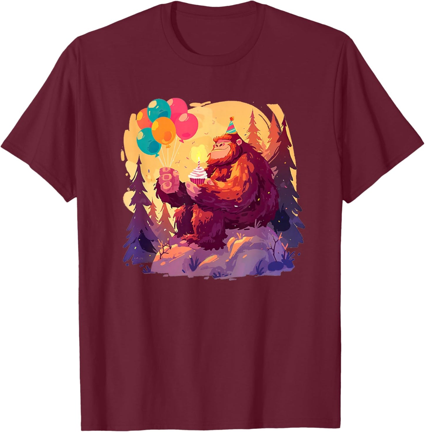 Sasquatch Birthday Party Balloon Cupcake BDay Bigfoot Theme T-Shirt - T-Shirt | Maroon