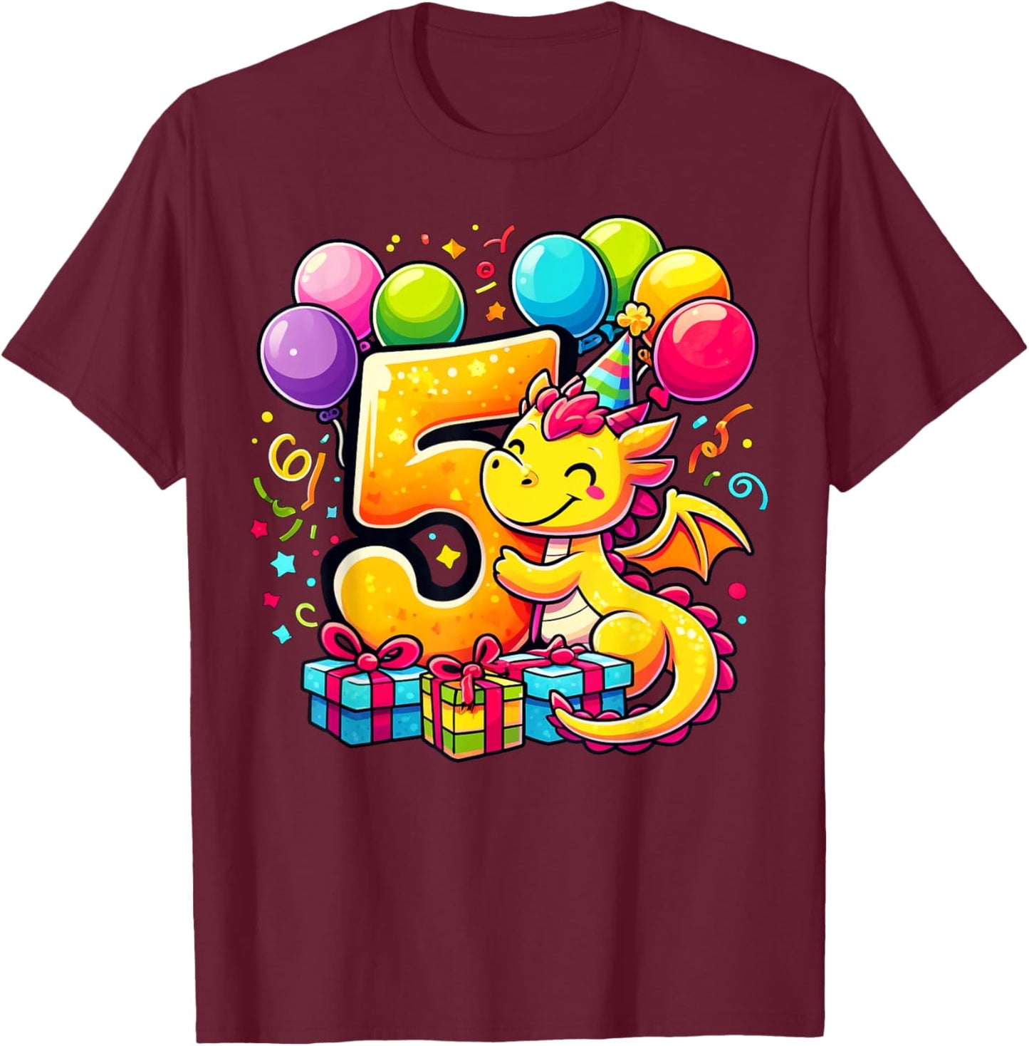 Bday fifth Boys, Girls, Kids age five 5th birthday Dragon T-Shirt - T-Shirt | Maroon