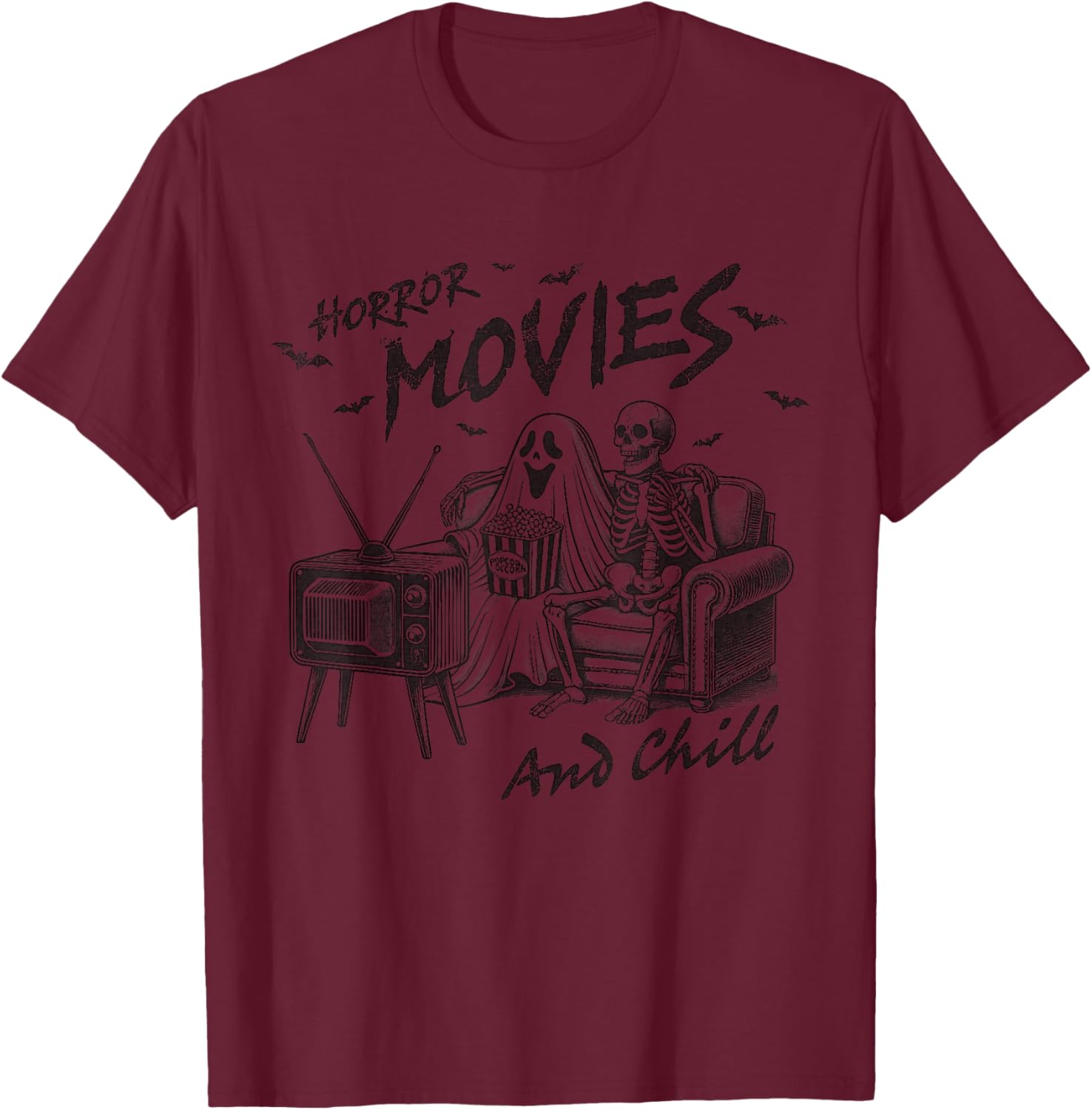 Horror Movies And Chill Halloween Themed Graphic For Couple T-Shirt - T-Shirt | Maroon