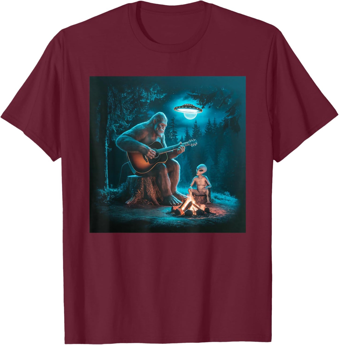 Bigfoot Alien Sasquatch Campfire UFO Music Night Scene T-Shirt - T-Shirt | Maroon