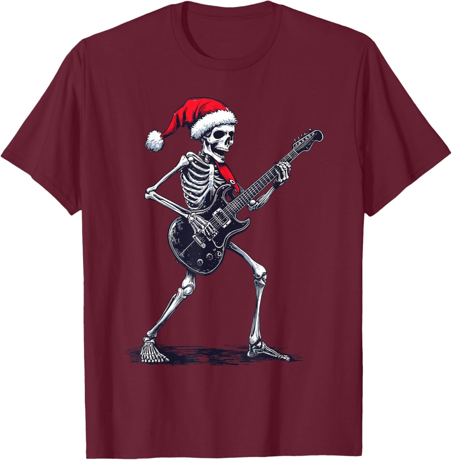 Santa Skeleton Playing Electric Guitar - Guitarist Christmas T-Shirt - T-Shirt | Maroon