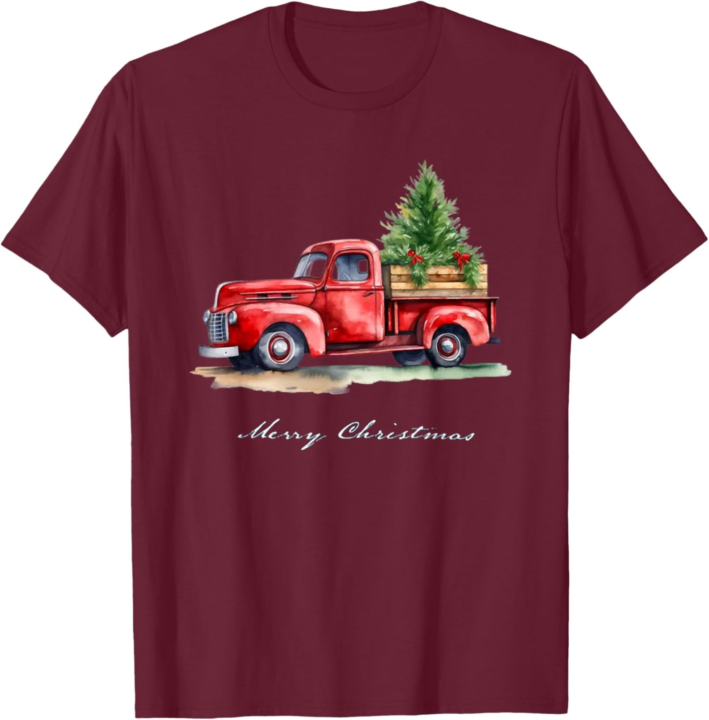 Funny Classic Red Vintage Wagon Truck Christmas Tree Design T-Shirt - T-Shirt | Maroon