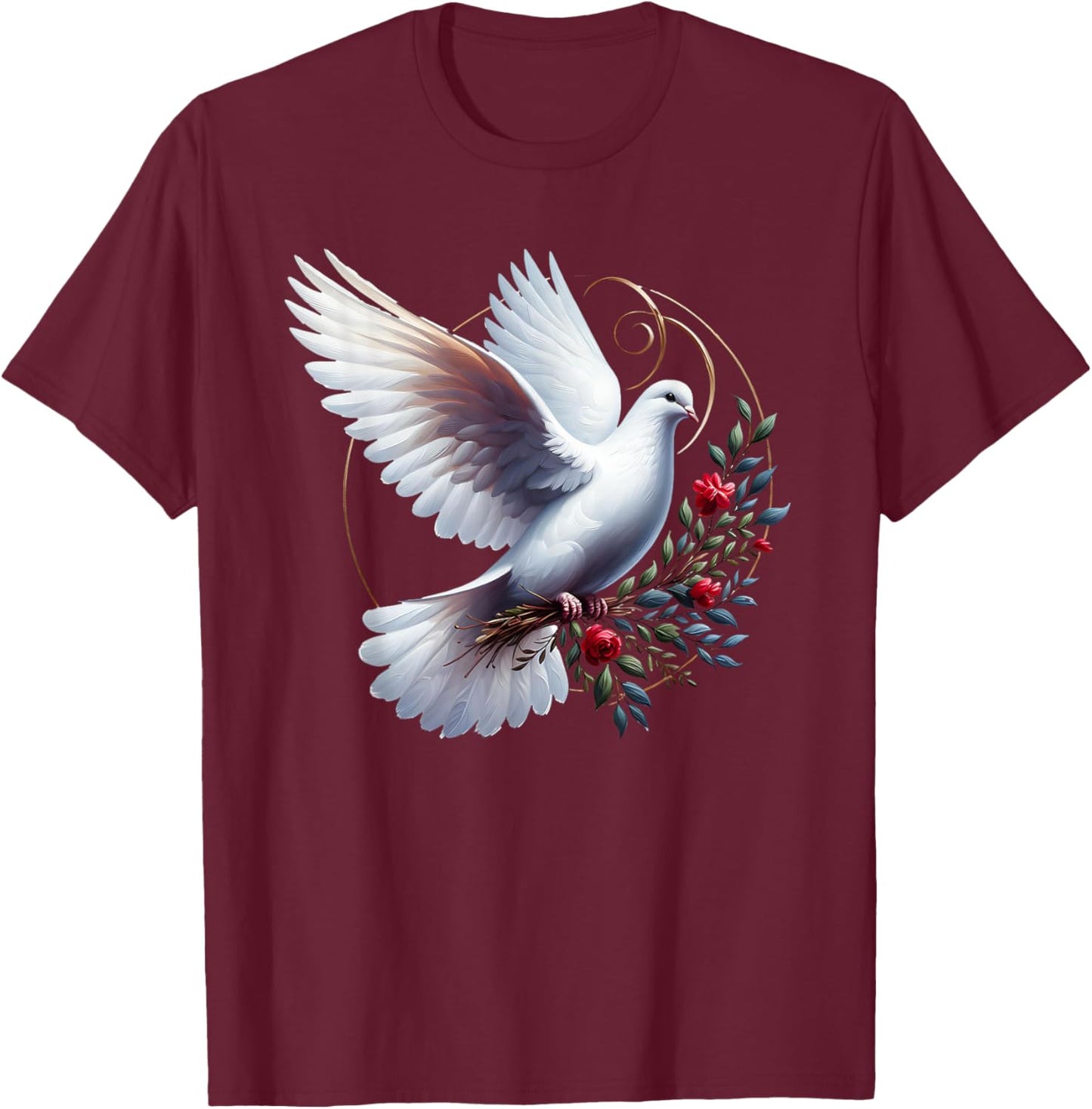 Elegant Flight of the Peaceful White Dove Bird Floral Art T-Shirt - T-Shirt | Maroon
