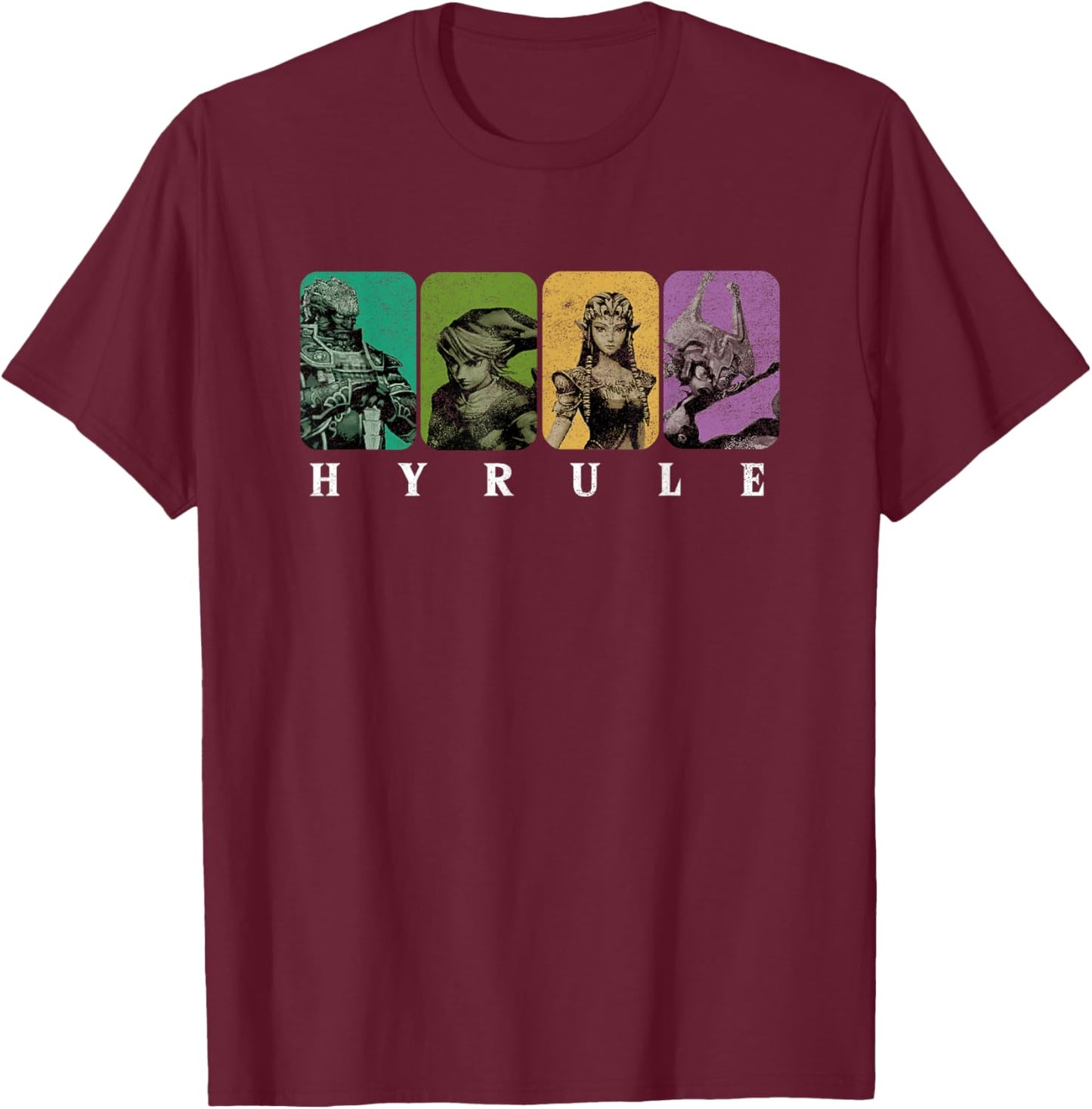 The Legend of Zelda Colorful Distressed Character Box Ups T-Shirt - T-Shirt | Maroon
