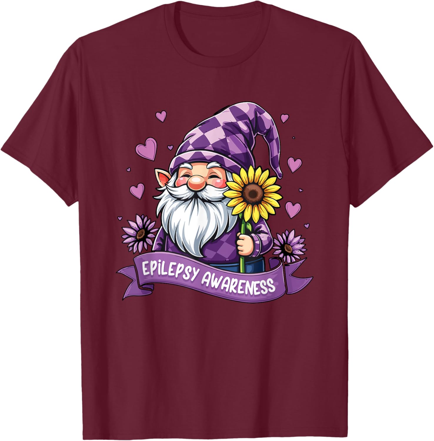Gnome One Fights Alone Epilepsy Awareness Purple Ribbon T-Shirt - T-Shirt | Maroon