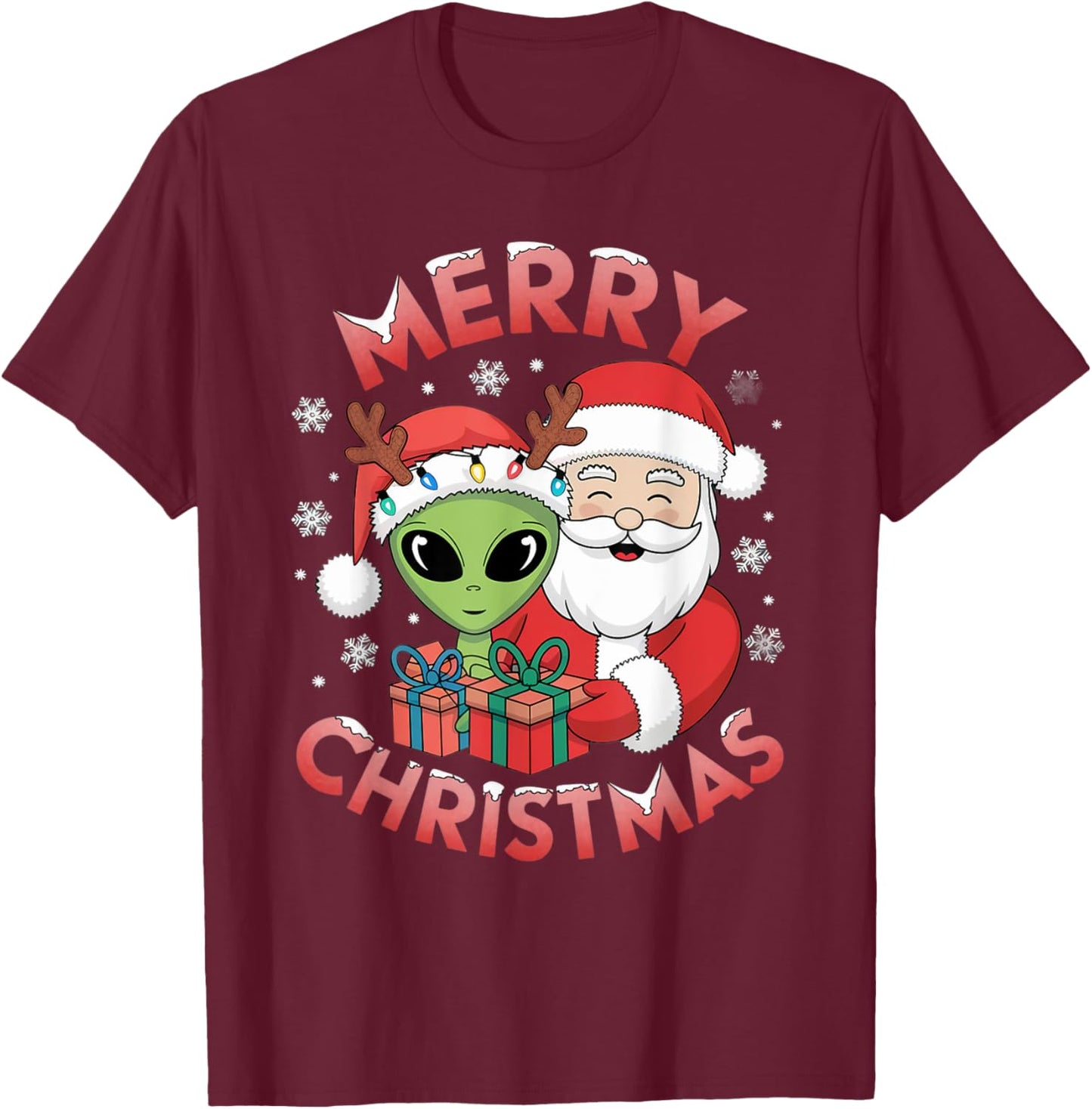 Cute Xmas Alien Santa on Alien Christmas T-Shirt - T-Shirt | Maroon