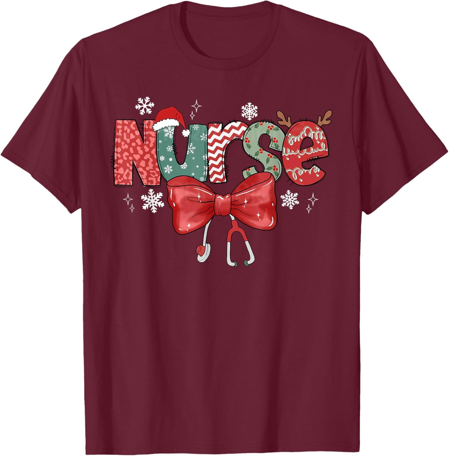 Nurse Christmas Stethoscope Coquette Bow Pajamas Holiday T-Shirt - T-Shirt | Maroon