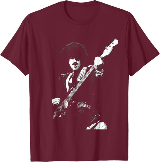Thin Lizzy Bassist Phil Linot Live by Simon Fowler T-Shirt - T-Shirt | Maroon