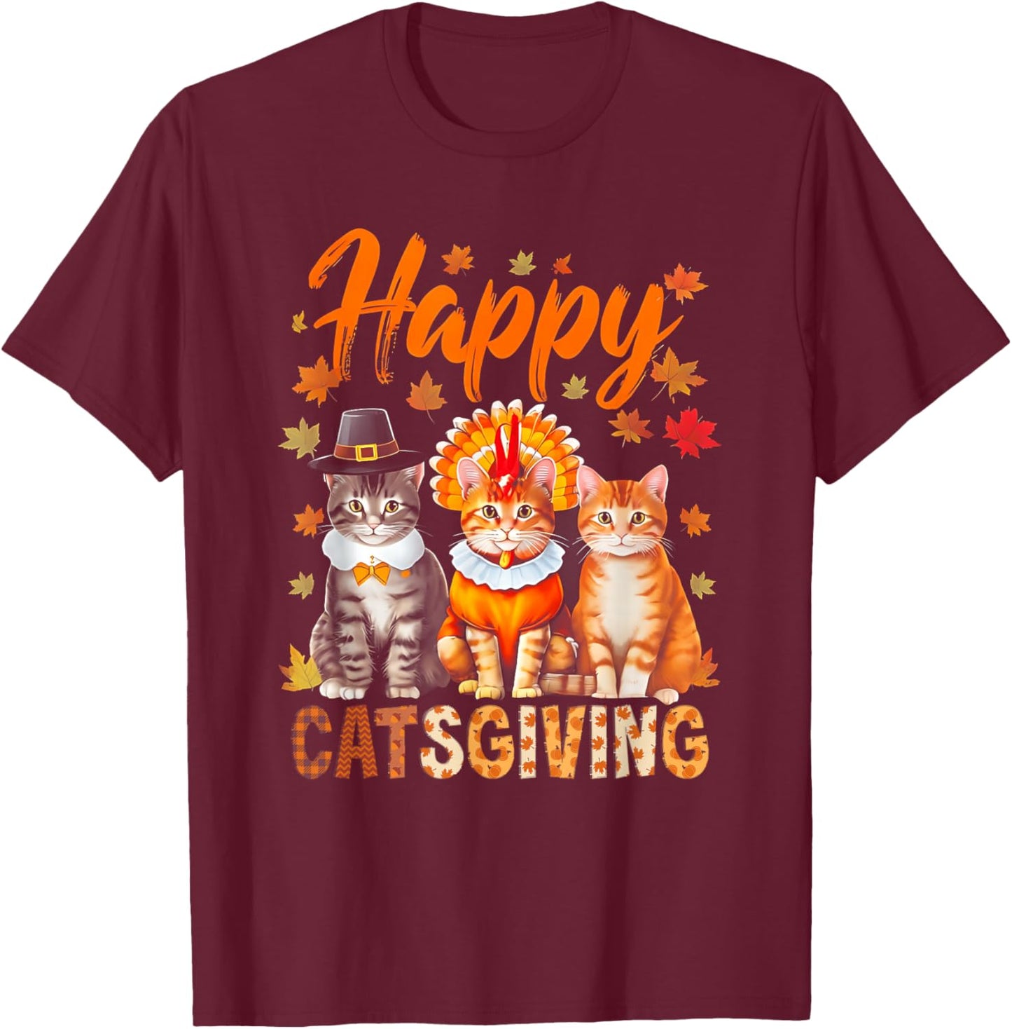 Happy Catsgiving Cute Thanksgiving Cat Wears Pilgrim Hat T-Shirt - T-Shirt | Maroon