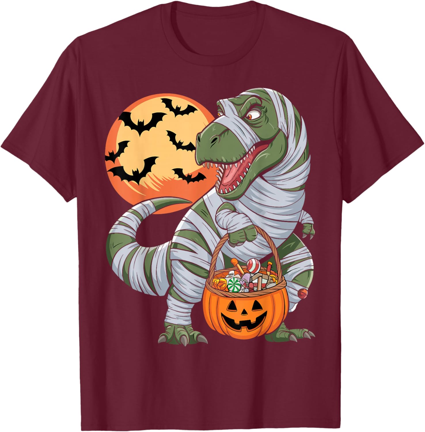 Halloween Boys Dinosaur T rex Mummy Pumpkin T-Shirt - T-Shirt | Maroon