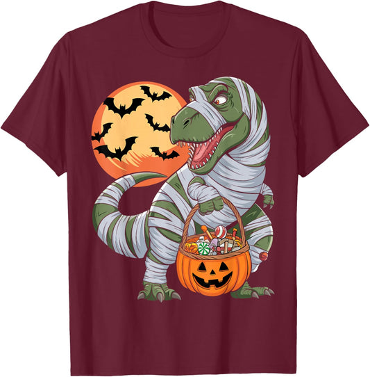 Halloween Boys Dinosaur T rex Mummy Pumpkin T-Shirt - T-Shirt | Maroon