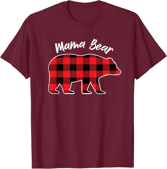New 2025 Mama Bear Flannel Red Plaid Pajama Mama Bear T-Shirt - T-Shirt | Maroon