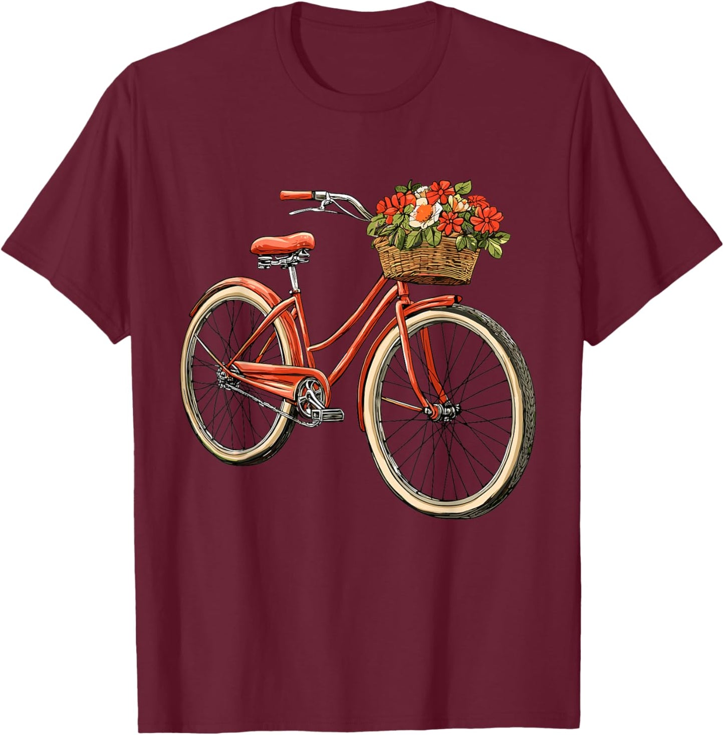 Bicycle with Basket of Flowers, Cyclist T-Shirt - T-Shirt | Maroon